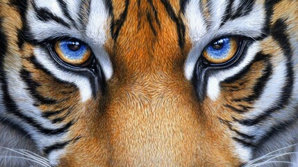  A tight shot of a tiger's face, its intense blue eyes contrasting against golden fur, a distinct white stripe running down its chest