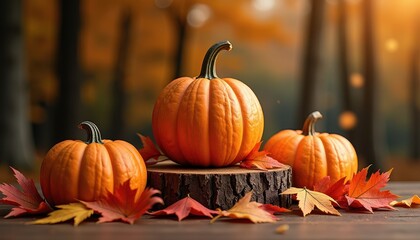 Cozy pumpkin and autumn leaves enhance a Halloween-themed product display podium perfect for seasonal branding.