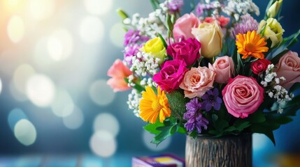 Obraz premium A vibrant bouquet of blooming roses and assorted flowers beautifully arranged in a rustic vase against a softly blurred background