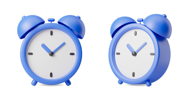 Two blue alarm clocks displayed on a white background. Minimalistic style. Time concept, isolated objects for template or design. 3D Rendering.