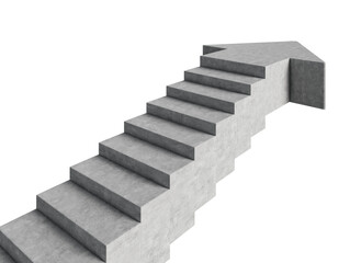 Concrete staircase shaped like an arrow isolated on white background. Minimalistic design concept for progress or success. 3D Rendering