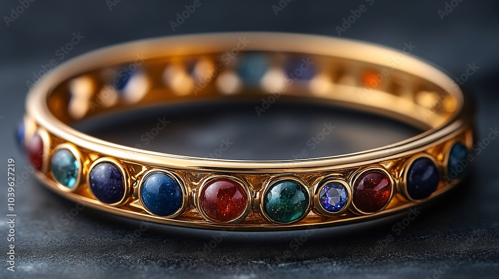 Poster modern 3d gold bracelet adorned shimmering gemstones displayed on a minimalist matte background wher