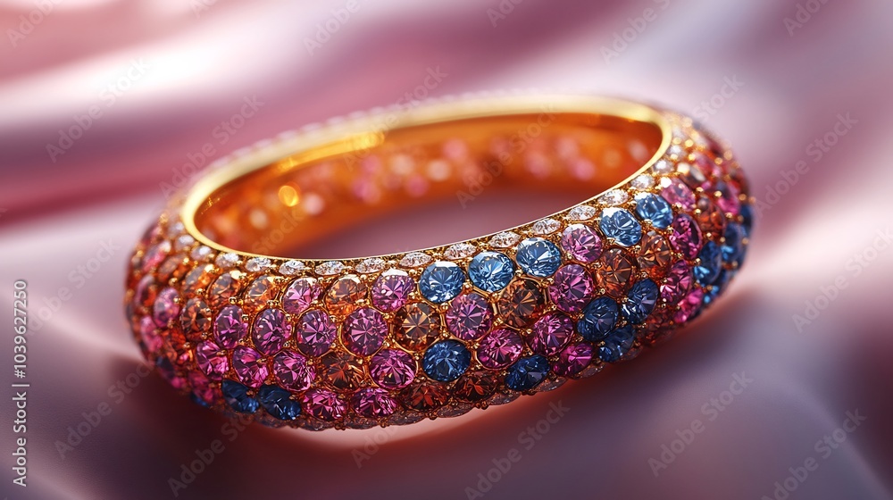 Poster modern 3d gold bracelet adorned shimmering gemstones displayed on a minimalist matte background wher