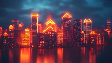 Fototapeta premium A futuristic cityscape with neon lights reflecting on the water, against a cloudy night sky.
