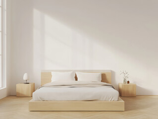 Fototapeta premium minimalist bedroom featuring wooden bed frame with white bedding, complemented by matching nightstands and soft lamp. natural light enhances serene atmosphere