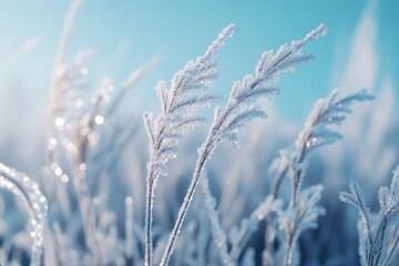 Ice structure on plants. Plants with rime in close up. Natural winter background.
