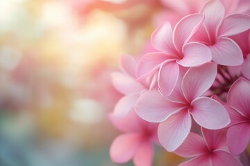 Macro shot of pink Plumeria flowers with soft background.