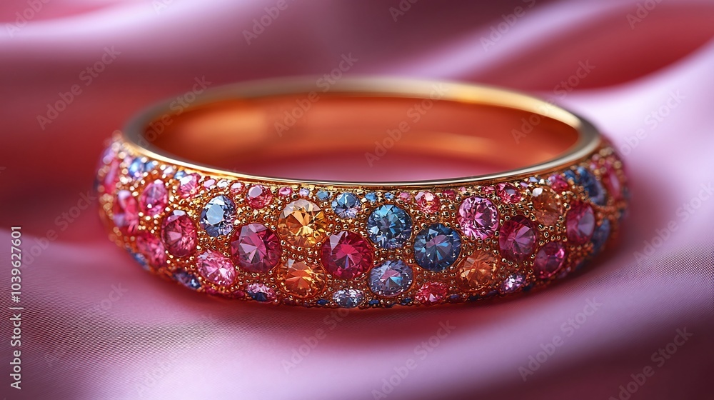 Poster modern 3d gold bracelet adorned shimmering gemstones displayed on a minimalist matte background wher