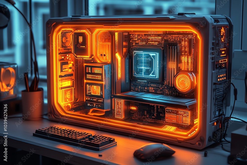 Poster a futuristic computer case with glowing lights. a keyboard and mouse are visible in the foreground.
