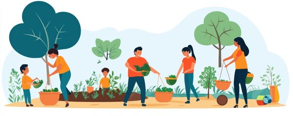 Fototapeta premium Family gardening together, planting trees, tending to plants, bright cheerful setting.