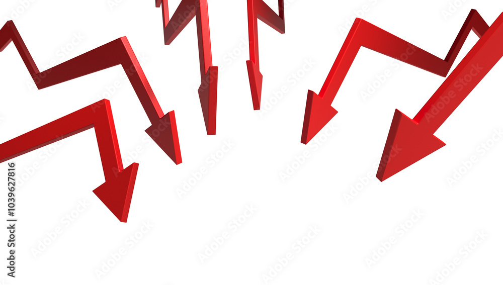 Poster red arrows pointing downwards with a zigzag shape, in a 3d style, isolated on a white background. co