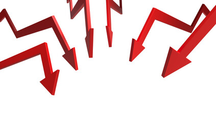 Red arrows pointing downwards with a zigzag shape, in a 3D style, isolated on a white background. Concept of decline or decrease. 3D Rendering