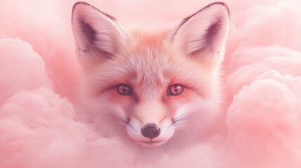 Fototapeta premium A fox is shown in a pinkish-purple background with a white cloud