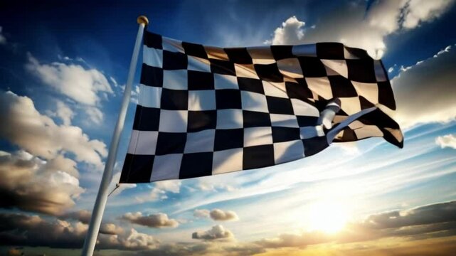 Racing Checkered Flag Waving Against a Vibrant Sky
