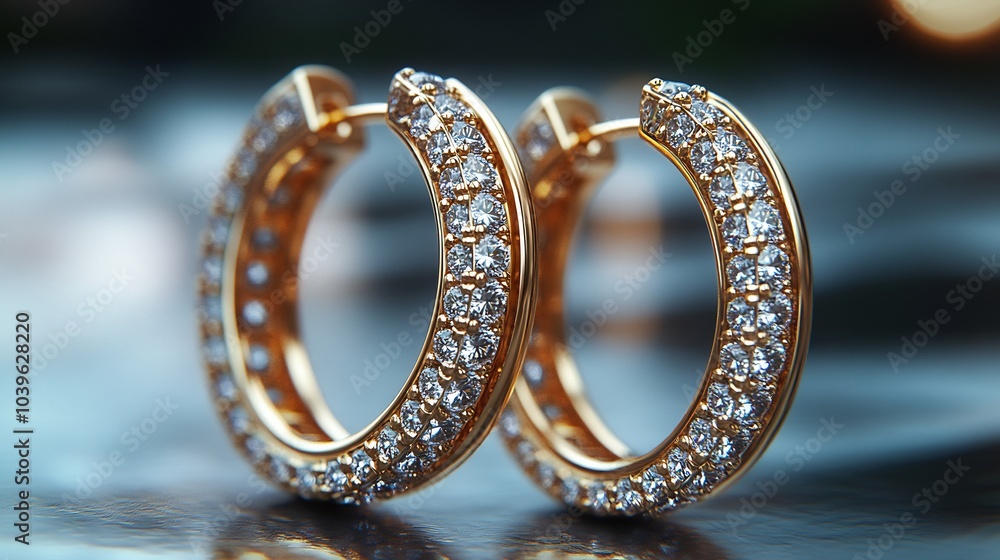 Aufkleber modern 3d gold hoop earrings sparkling stones displayed on a minimalistic matte background blending 