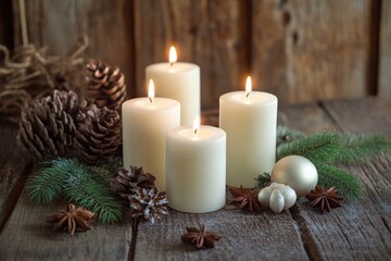 Ivory candles arranged with festive pinecones, greenery, and ornaments, creating a classic holiday atmosphere filled with warmth and tranquility.