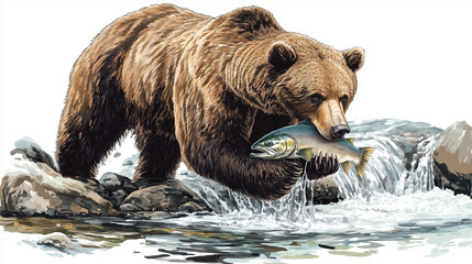 Obraz premium Grizzly bear catching salmon in a river near a waterfall