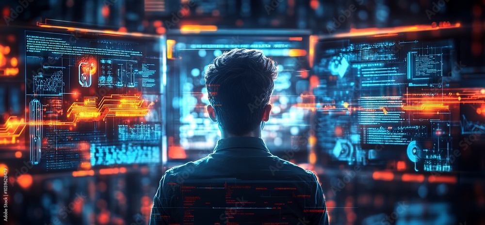 Poster a man standing in front of three screens with a lot of information in them.