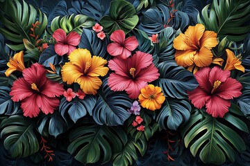 Tropical Flowers and Leaves: A Vibrant Jungle Tapestry