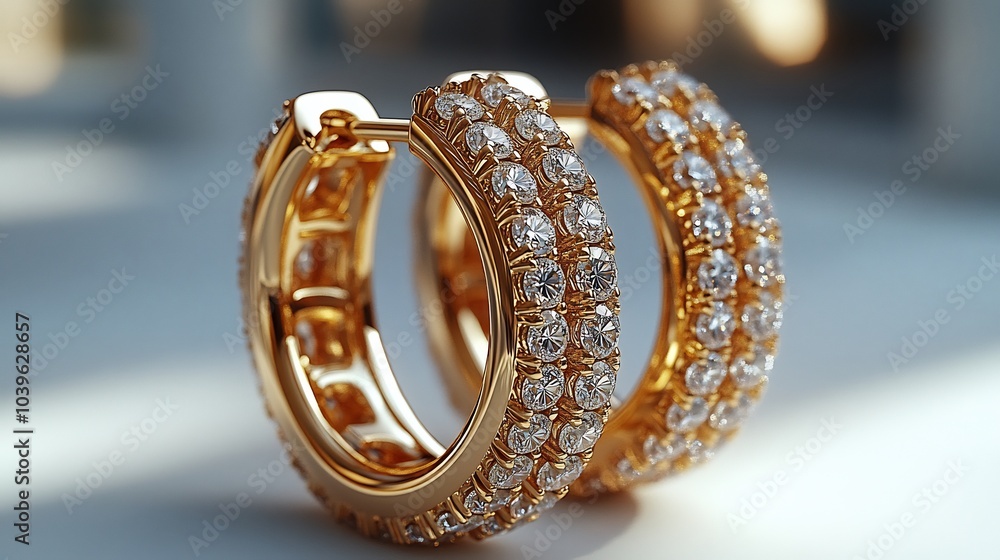 Poster modern 3d gold hoop earrings sparkling stones displayed on a minimalistic matte background blending 