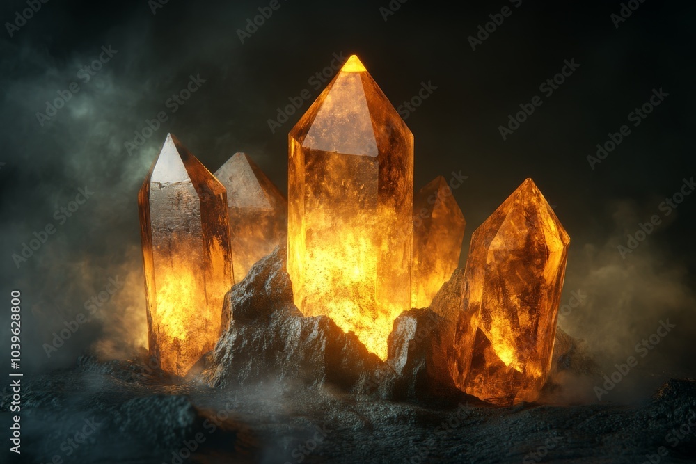 Poster ethereal glowing crystals rise from a foggy ground, casting gentle light and creating an atmosphere 