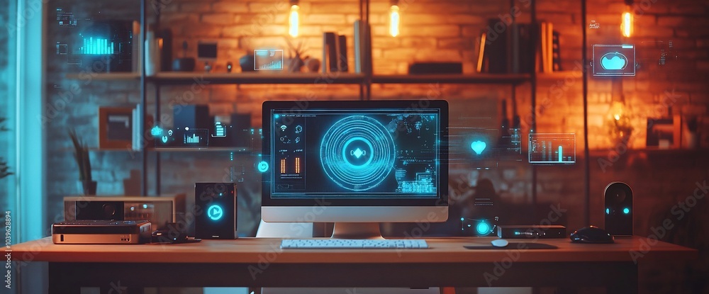 Poster a modern desk with a computer, keyboard, and mouse, with a futuristic interface on the screen, surro