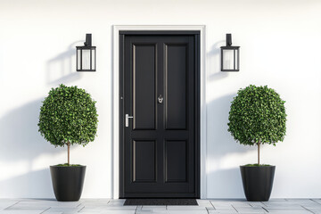 modern black door framed by two elegant topiary plants in stylish pots creates welcoming entrance. lanterns add charming touch to this inviting facade
