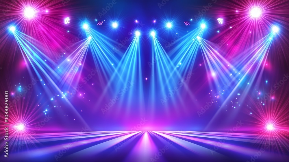 Poster illuminated empty stage with spotlights, setting the for a spectacular performance
