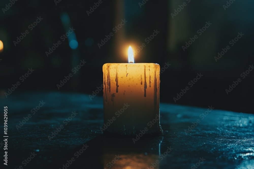 Aufkleber A solitary candle burns brightly, casting a warm glow on the surrounding dark, reflective surface, creating an atmosphere of serenity and introspection.
