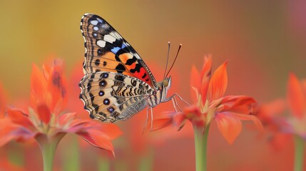 Obraz premium A tight shot of a butterfly atop a flower against an indistinct backdrop of orange and red blossoms