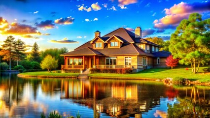 Obraz premium Scenic view of a charming house by the lake at sunset, with reflections in the water and colorful clouds in the sky