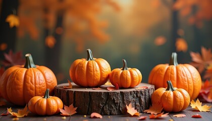 Naklejka premium Cozy Halloween-themed podium featuring autumn colors perfect for a seasonal product showcase and branding ideas.