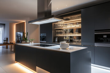 Modern kitchen with sleek black cabinetry, illuminated shelves, and stylish island. design features elegant lighting and minimalist aesthetic, creating warm and inviting atmosphere
