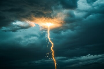 Fototapeta premium A dynamic scene features a fierce lightning bolt piercing the sky, casting an electrifying glow over the turbulent clouds, embodying nature’s formidable power.