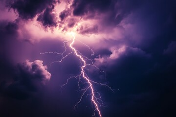 A vibrant purple lightning streak rips through ominous, brooding clouds, showcasing an otherworldly glow and embodying the raw, untamed power that storms possess.