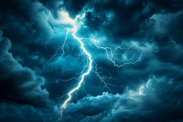 An intense blue lightning bolt lashes through a dark, turbulent sky, creating a captivating visual of nature's raw and electrifying weather phenomenon.