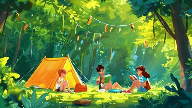 Three kids enjoying a sunny day camping in the forest, reading and relaxing by a tent.