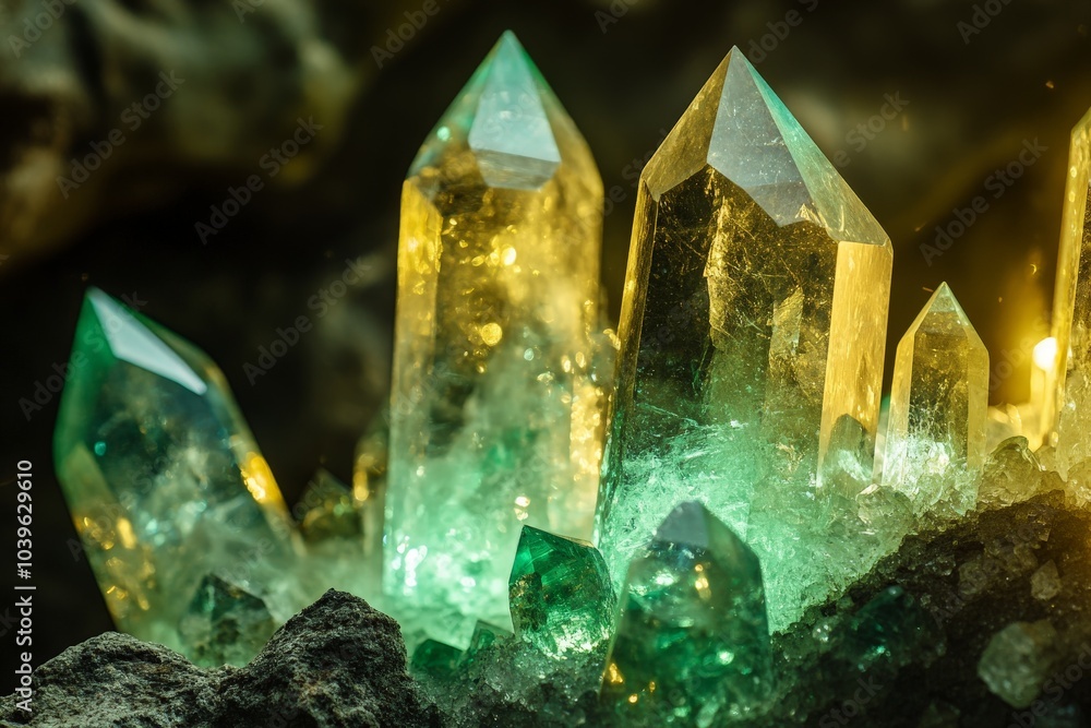 Poster An exquisite collection of yellow and green crystals is illuminated by an ethereal light, presenting a dazzling display of colors that captivates the viewer's imagination.