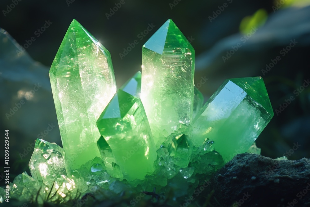 Poster a striking set of green crystals casts a glowing light in a deeply natural setting, creating an ethe