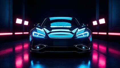 Fototapeta premium 3d model black car, sport car, front view on black background with pink light. Ai generated.