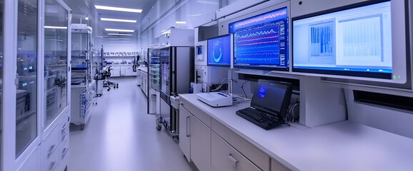 A modern, sterile laboratory with white cabinets, a computer, and two large monitors displaying data.