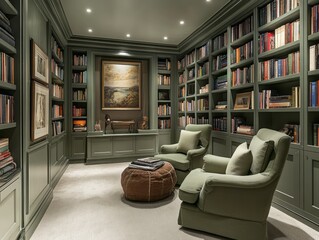 Minimalist library with a soft grey base and sage green accents