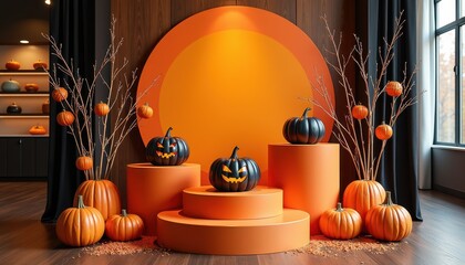 Cozy Halloween colors enhance a product display podium featuring a fall-inspired vibe perfect for branding displays.