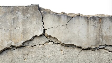 Close-up of collapsed, cracked, damaged concrete wall isolated on white background © Temteen