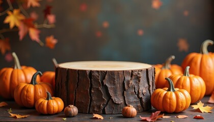Rustic Halloween-inspired podium with warm autumn accents perfect for a standout seasonal product presentation.