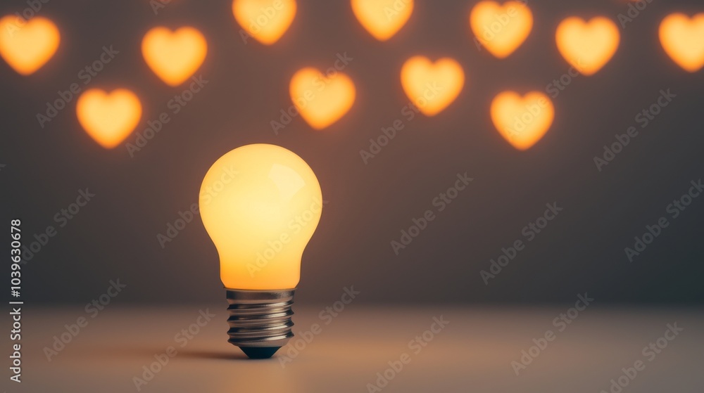 Poster light bulb with heart bokeh background.