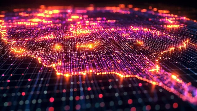 This captivating display showcases a network of glowing data points illuminating city landscapes, revealing urban connections after dark
