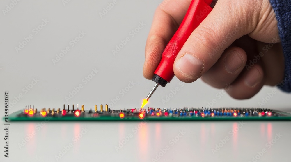 Poster closeup of hand testing circuit board with probe.