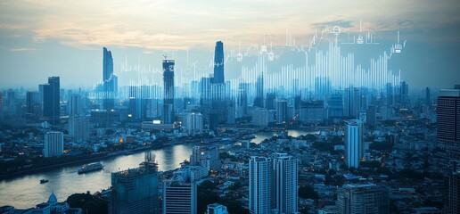 A panoramic view of a modern city skyline with abstract graphs overlayed, symbolizing economic growth and progress.