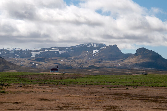 Snaefellsnes Peninsula Iceland, small church in remote location with mountains in background